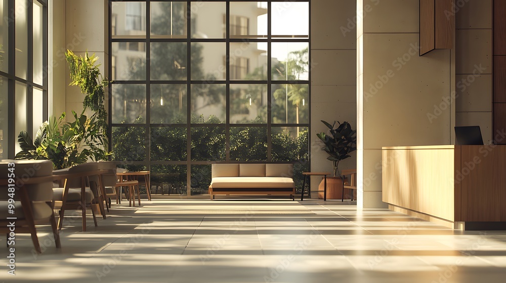 Poster a workspace with clean lines, warm tones, and minimalist furniture, creating a calm, inviting indoor