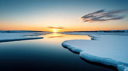 Fototapeta premium Ice-covered lake reflecting a pastel sunset, winter wonderland, tranquil frozen landscape