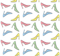 Vector seamless pattern of different hand drawn sketch doodle female high heel shoes isolated on white background