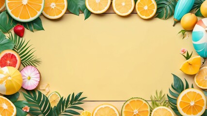 summer themed border frame on rustic pastel yellow wooden background, full image