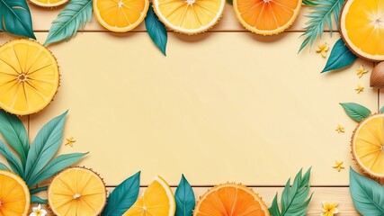 summer themed border frame on rustic pastel yellow wooden background, full image