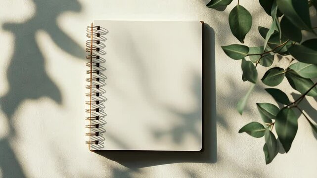 A closed spiral-bound notebook rests on a white surface