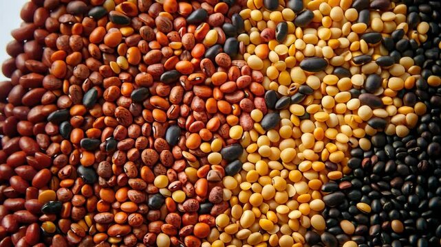 A close-up of red, orange, and black beans, and yellow split peas