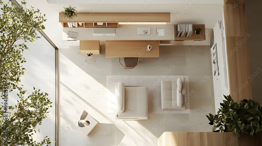 Poster a minimalist indoor workspace featuring neutral tones, soft ambient lighting, and clean lines, creat