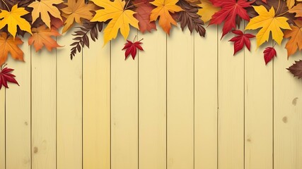 Obraz premium autumn themed border frame on rustic pastel yellow wooden background, full image