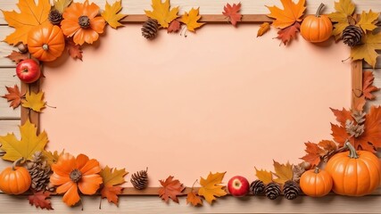 autumn themed border frame on rustic pastel orange wooden background, full image