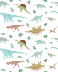 Vector seamless pattern of hand drawn flat dinosaur isolated on white background