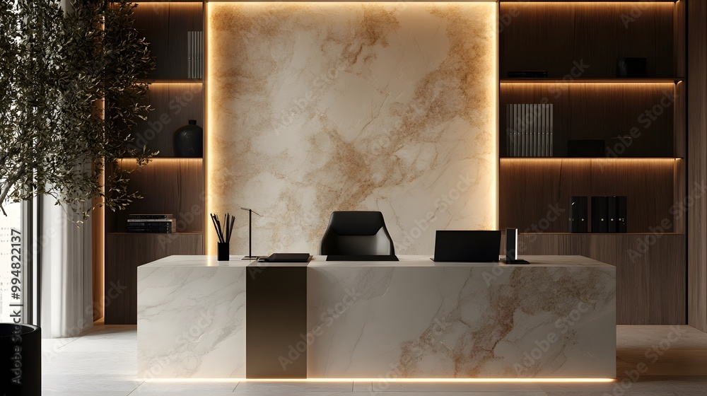 Poster a photo of a sleek indoor workspace with marble finishes, soft lighting, and a minimalist desk setup
