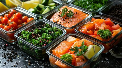 Obraz premium Healthy meal prep containers with chickpeas, chicken, tomatoes, cucumbers and avocados. Healthy lunch in glass containers on beige rustic background. Zero waste concept. Selective focus.