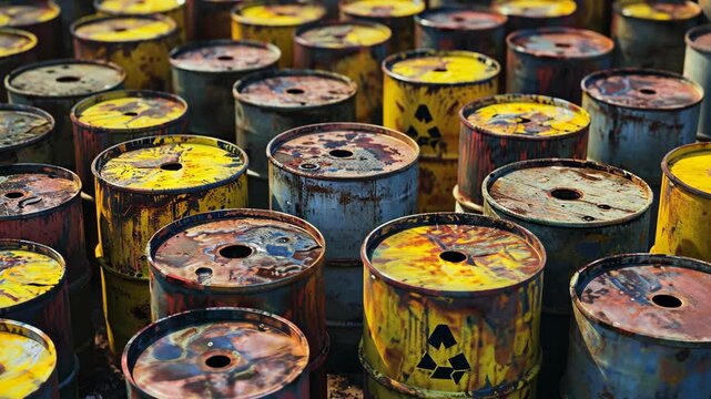 A collection of rusty, yellow barrels sit outdoors, likely containing hazardous materials