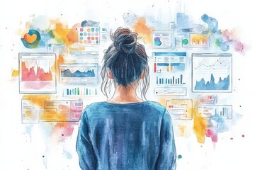 Watercolor scene of a digital marketer analyzing social media trends, social media insights, data-driven marketing