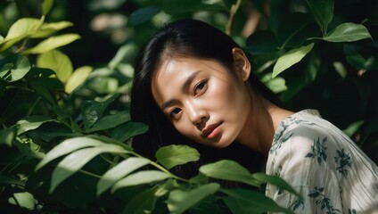 Young East Asian woman in a natural outdoor setting looking off-camera