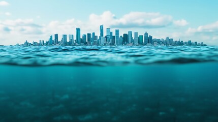 Sea level rising over coastal cities, visualizing the environmental impact of global warming on urban areas