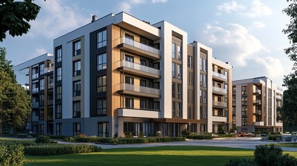 Contemporary apartment building in a green space. apartment building with flat buildings on the outside. elegant residential complex. Condo architecture, a portion of city real estate. 