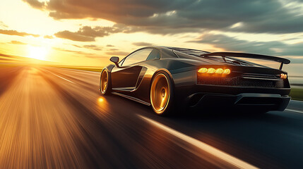 A sports car on wheels speeding down a sunset road