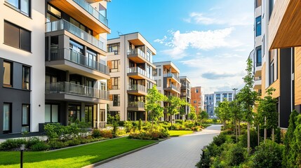 Contemporary apartment building in a green space. apartment building with flat buildings on the outside. elegant residential complex. Condo architecture, a portion of city real estate. 