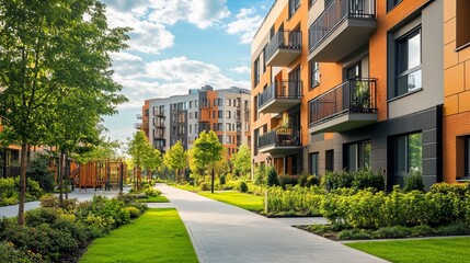 Contemporary apartment building in a green space. apartment building with flat buildings on the outside. elegant residential complex. Condo architecture, a portion of city real estate. 
