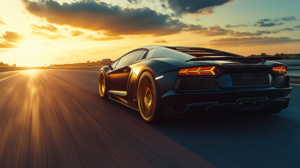 A sports car on wheels speeding down a sunset road
