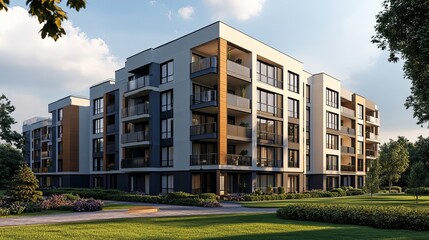 Contemporary apartment building in a green space. apartment building with flat buildings on the outside. elegant residential complex. Condo architecture, a portion of city real estate. 