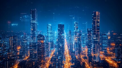 Fototapeta premium Nighttime view of a technologically advanced city with sleek, illuminated skyscrapers. Premium background for the latest technology needs. 