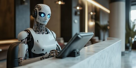 Fototapeta premium Futuristic robot receptionist working on a tablet in a modern hotel lobby