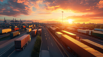 Transporting goods at logistics hub during sunset, heavy trucks lined up on road, creating vibrant scene with colorful skies and industrial activity