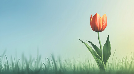 Minimalist tulip flower standing tall in green field under clear sky