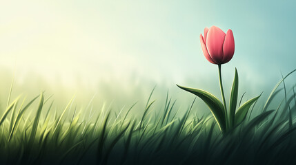 Single tulip flower in grassy meadow under soft morning light