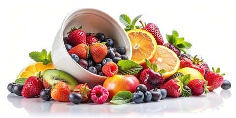 A Vibrant Display of Fresh Fruits and Berries Spilling from a White Bowl, a Symphony of Colors and Flavors