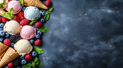 An inviting display of ice cream scoops, cones, and fresh ingredients like berries and mint, leaving room for text