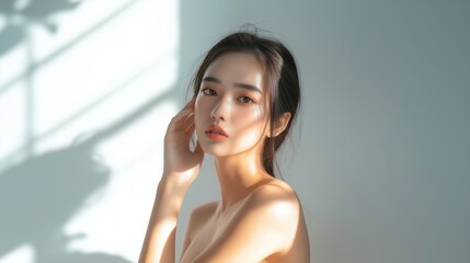 Fototapeta premium beautiful woman touching her face, with radiant glow skin and soft natural makeup against the backdrop of bright window light.