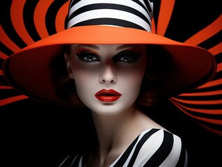 A beautiful woman wearing an orange and black striped hat with wide stripes, bold makeup, red lips, and high-contrast lighting. The background is dark, creating a striking visual effect that highlight