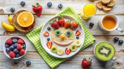 A healthy and fun breakfast with a cookie shaped like a chick adorned with fruits,  a side of blueberries and raspberries, a slice of orange, two kiwis, juice and a cup of orange juice.