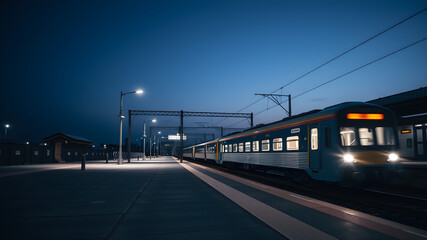 Nighttime Photo of an Empty Railway Station with a Single Illuminated Train and Minimalist Platform Design