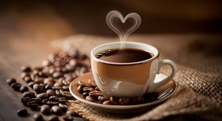 A cozy coffee scene featuring a steaming cup of dark coffee with a heart shaped steam rising above it The cup is white with a brown rim placed on a saucer on a textured burlap surface
