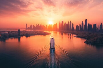 Fototapeta premium Aerial view of Burj Al Arab Jumeirah Island or boat building, Dubai Downtown skyline, United Arab Emirates or UAE. Financial district in urban city. Skyscrapers at sunset.generative ai