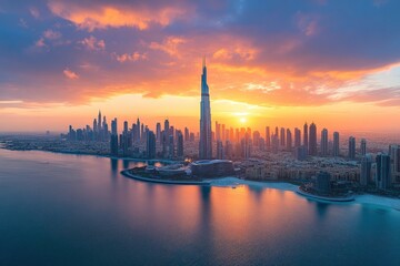 Obraz premium Aerial view of Burj Al Arab Jumeirah Island or boat building, Dubai Downtown skyline, United Arab Emirates or UAE. Financial district in urban city. Skyscrapers at sunset.generative ai