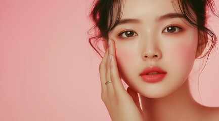 Fototapeta premium : Beautiful young Asian woman with flawless, clean, and fresh skin touching her face and posing against a pastel peach background. This image represents the beauty concept for cosmetic advertising,
