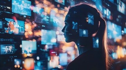 Silhouette of a Woman Against a Wall of Digital Screens