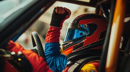 Excited Driver Celebrating Inside a Racing Car