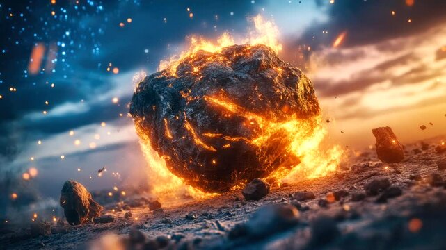 Burning meteor rock hits the ground on the surface of planet earth. Asteroid meteorite comet star fireball, collision explosion impact space universe sky in three-dimensional background.
