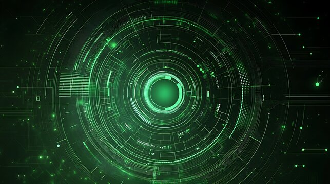 Abstract green digital technology background with glowing circular patterns and lines.