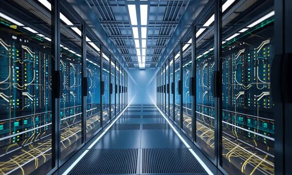 The server room of a data center or Internet service provider features glass panels through which digital information flows within the network and data servers.