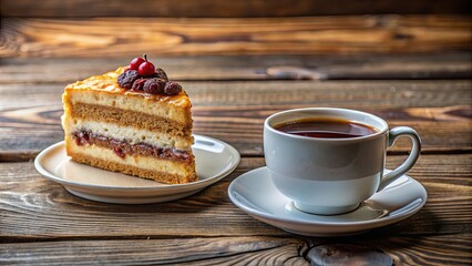 A slice of cake with berries and a cup of tea on a rustic wooden table