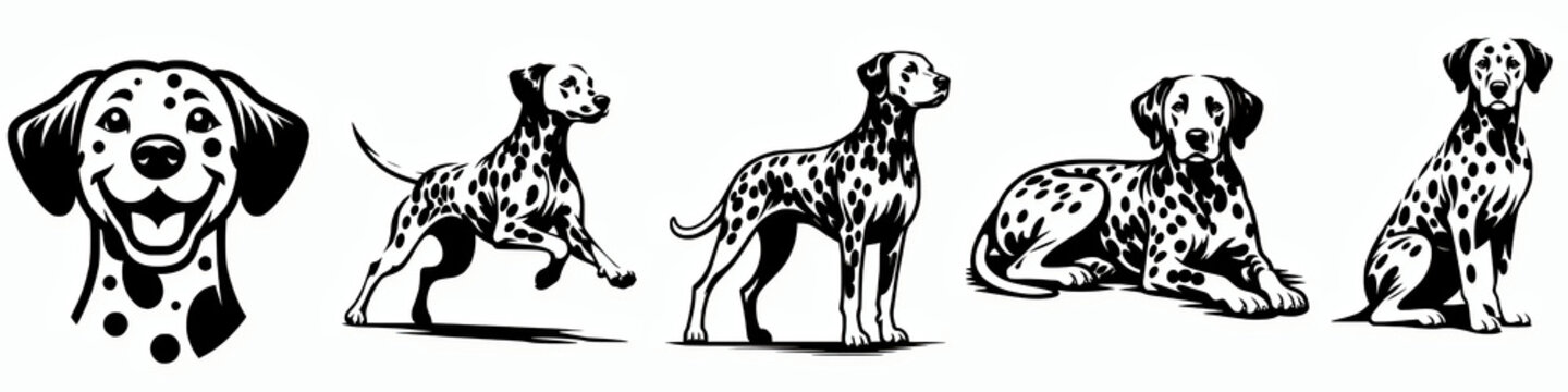 Set of Dalmatian vector silhouette illustration collection, black and white spotted dog breed clip art element design bundle