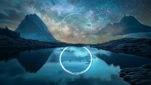 A beautiful landscape view of a semi-cloudy circle reflecting water at night, flanked by two mountains