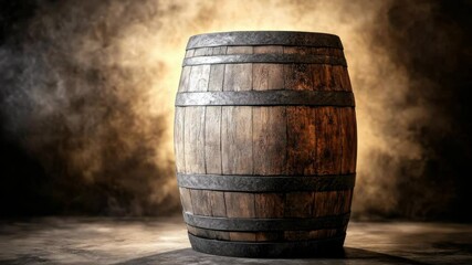 Wooden whiskey barrels stacked in a dimly lit cellar