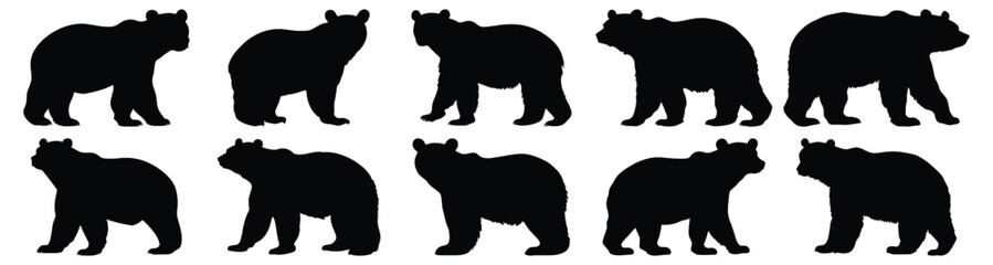 Polar bear silhouettes set, bear pack of vector silhouette design, isolated background.