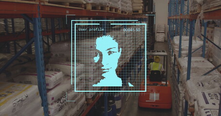 Image of data processing with portraits over worker using lift truck in warehouse