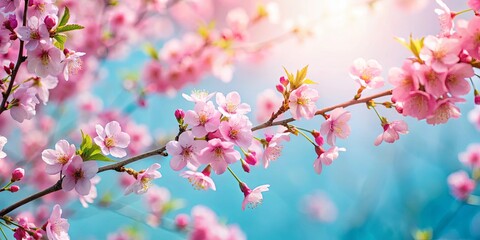 Fototapeta premium Delicate pink blossoms in full bloom against a vibrant blue sky, bathed in the warmth of the sun's rays.
